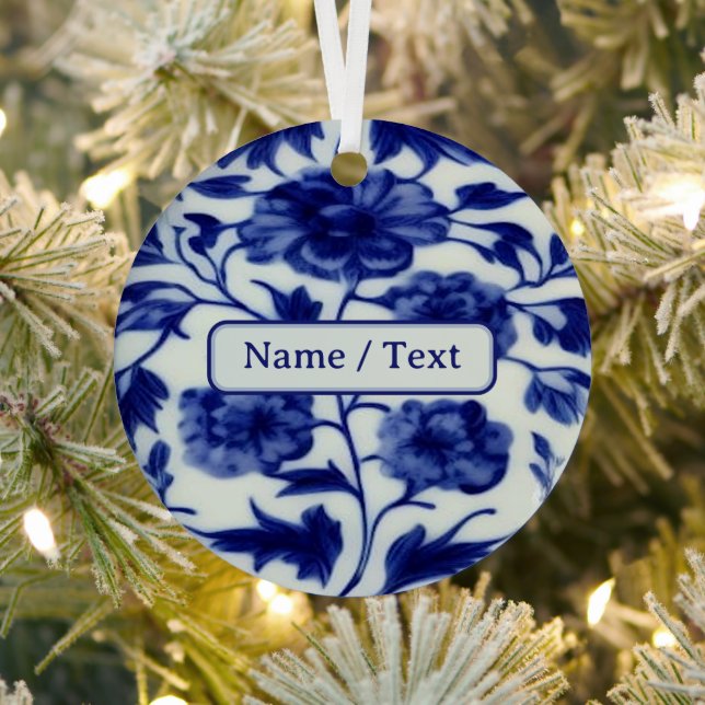 Pretty Blue & White Flower Painting - Custom Text  Metal Tree Decoration (Insitu)