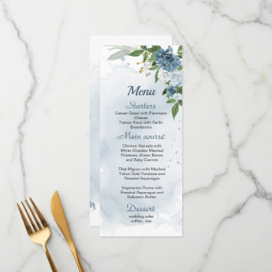 pretty blue white flowers greenery wedding menu