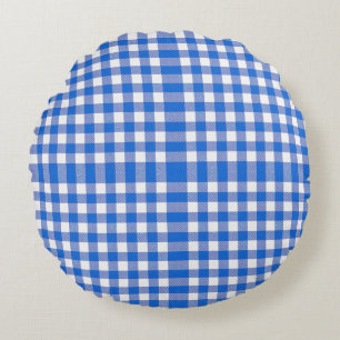 Pretty Blue White Gingham Design Round Cushion