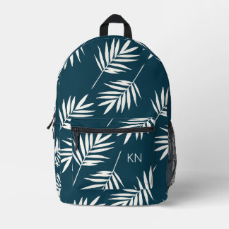 Pretty Blue White Leave Pattern Monogram Initials Printed Backpack