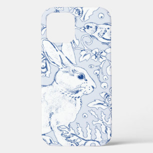Pretty Blue & White Rabbit Bird Floral Leaf Sketch iPhone 12 Case
