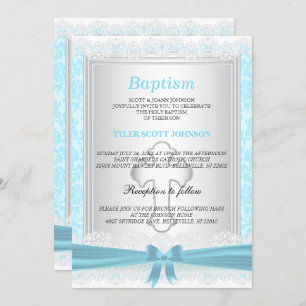 Pretty Blue & White Satin Baptism / Christening Invitation