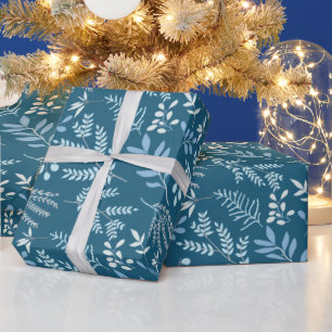 Pretty Blue Winter Botanical Holiday Christmas Wrapping Paper