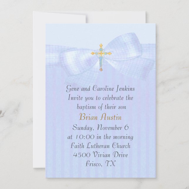 Pretty Blue with Bow and Cross Baptism Invitation (Front)