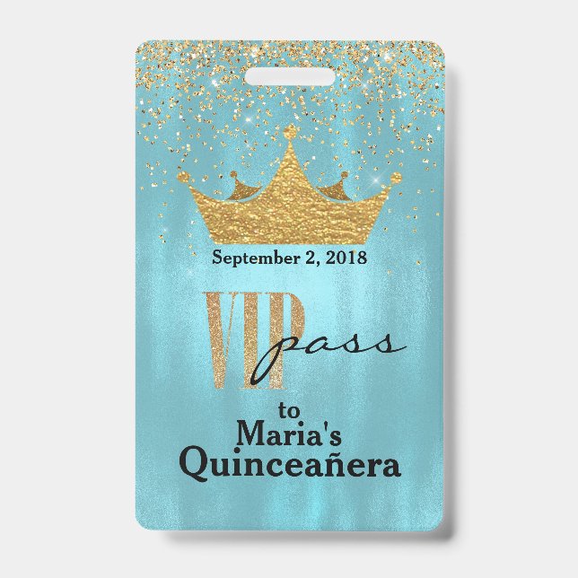 Pretty Blue with Gold Crown Quinceañera VIP Badge ID Badge (Front)