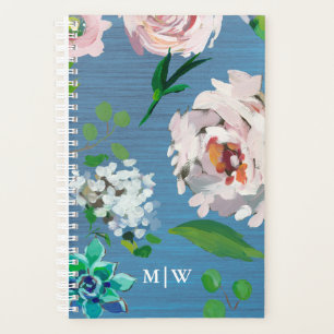 Pretty Blue with Pastel Floral Blooms Monogram Planner