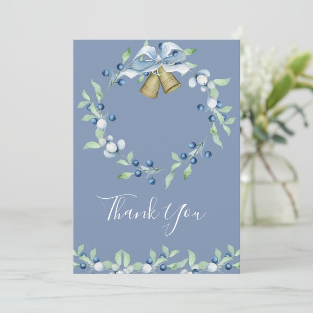 Pretty Blue Wreath Floral Elegant Script Wedding Thank You Card (Standing Front)