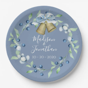Pretty Blue Wreath Script Elegant Custom Wedding Paper Plate