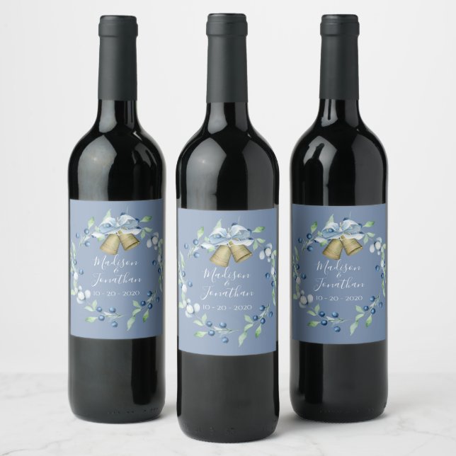 Pretty Blue Wreath Script Elegant Custom Wedding Wine Label (Bottles)