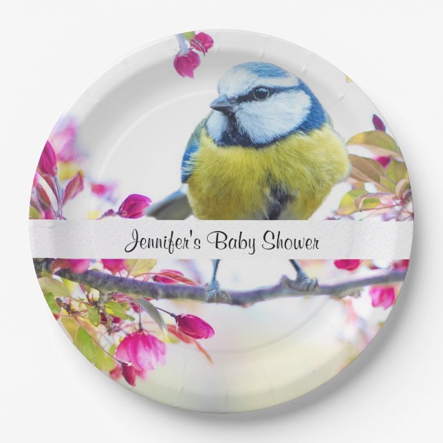 Pretty Blue & Yellow Bird on a Branch Baby Shower Paper Plate (Front)