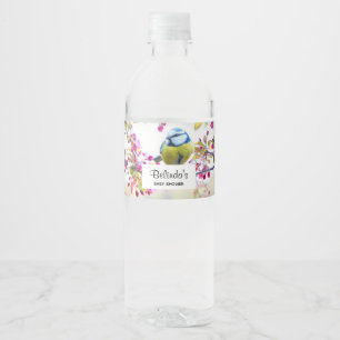 Pretty Blue & Yellow Bird on a Branch Baby Shower Water Bottle Label
