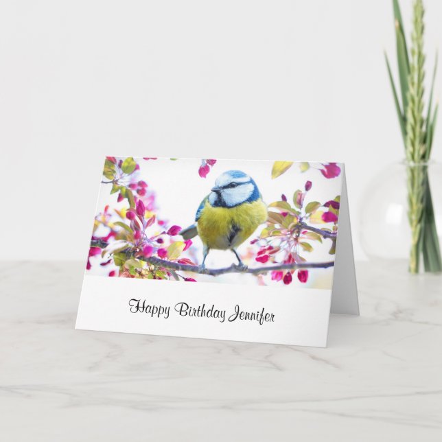 Pretty Blue & Yellow Bird on a Branch Birthday Card (Front)
