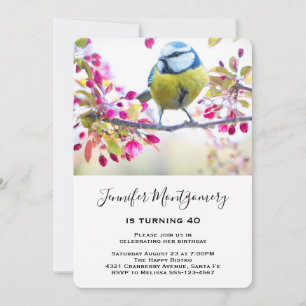 Pretty Blue & Yellow Bird on a Branch Birthday Invitation