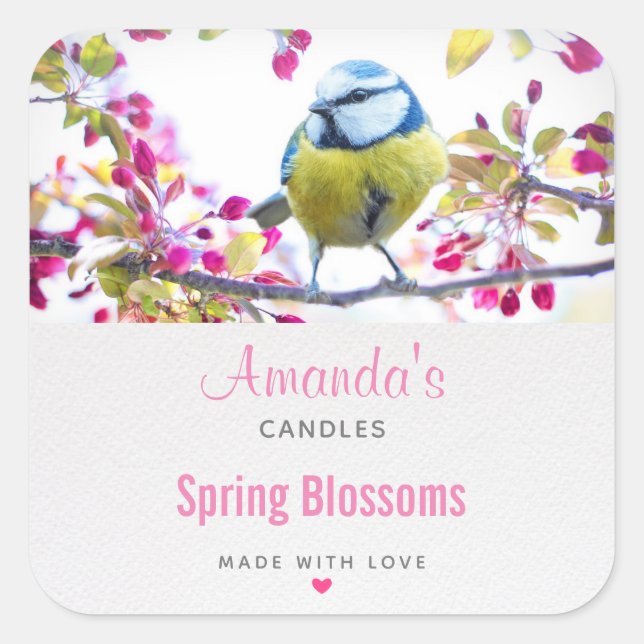 Pretty Blue & Yellow Bird on a Branch Candle Square Sticker (Front)