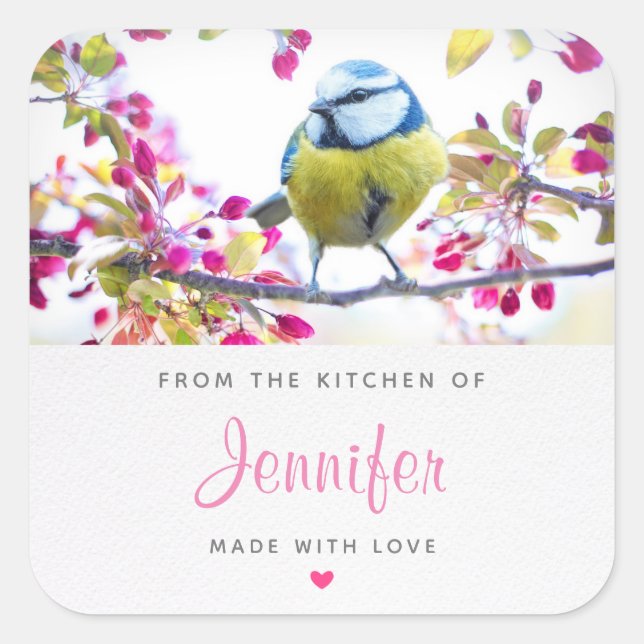 Pretty Blue & Yellow Bird on a Branch Kitchen Square Sticker (Front)
