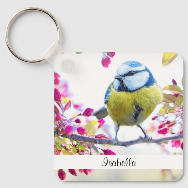 Pretty Blue & Yellow Bird on a Branch Photograph Key Ring (Front)