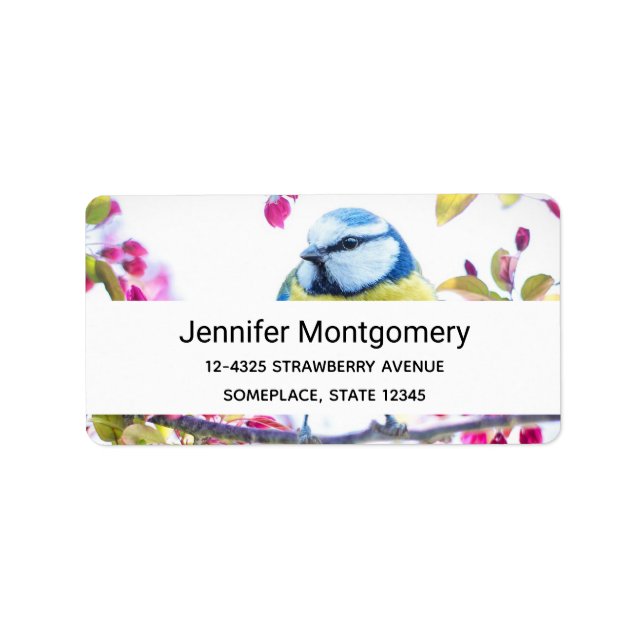 Pretty Blue & Yellow Bird on a Branch Photograph Label (Front)