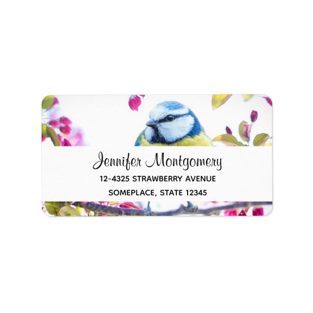 Pretty Blue & Yellow Bird on a Branch Photograph Label (Front)