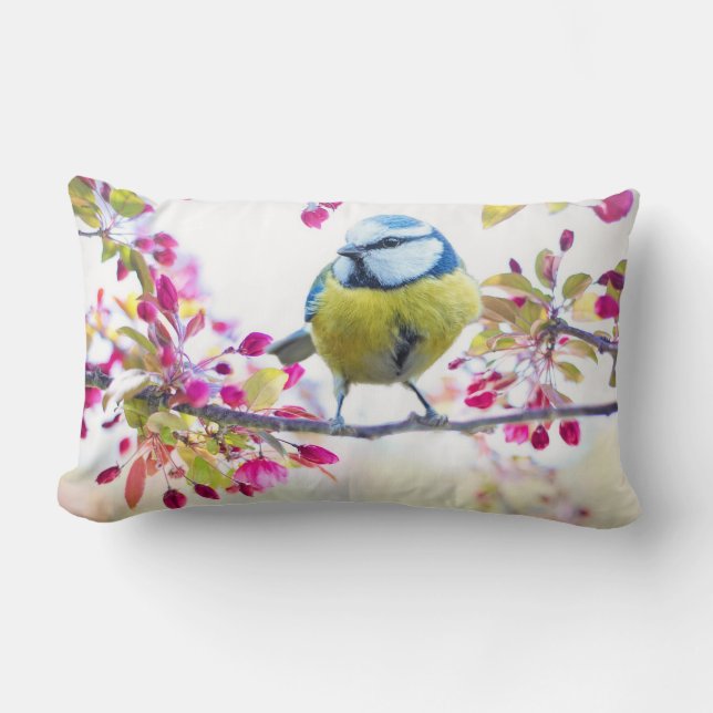 Pretty Blue & Yellow Bird on a Branch Photograph Lumbar Cushion (Front)