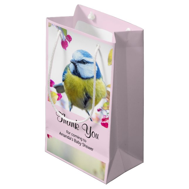 Pretty Blue & Yellow Bird on a Branch Thank You Small Gift Bag (Front Angled)