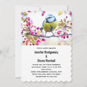 Pretty Blue & Yellow Bird on a Branch Wedding Invitation