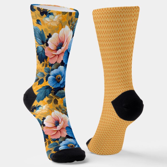 Pretty Blue Yellow Orange Patterns Odd Mismatched  Socks (Angled)