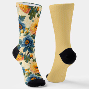 Pretty Blue Yellow Patterns Odd Mismatched  Socks