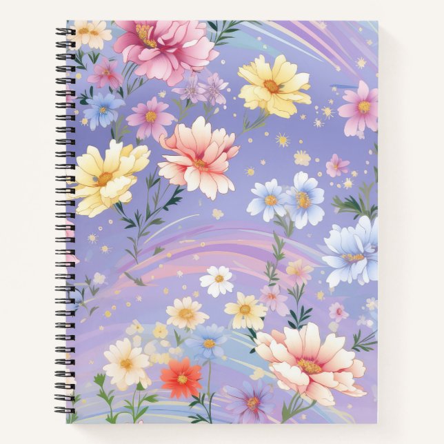 PRETTY BLUE YELLOW PINK WATERCOLOR FLOWERS NOTEBOOK (Front)