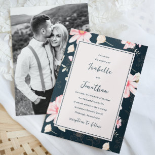 Pretty Blush Blue Floral Pattern Photo Wedding Invitation