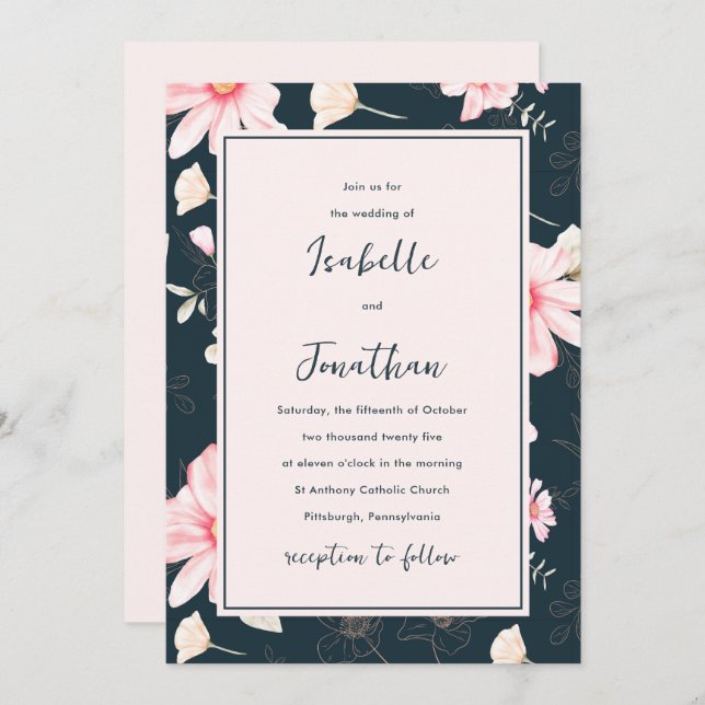 Pretty Blush Blue Floral Pattern Wedding Invitation (Front/Back)