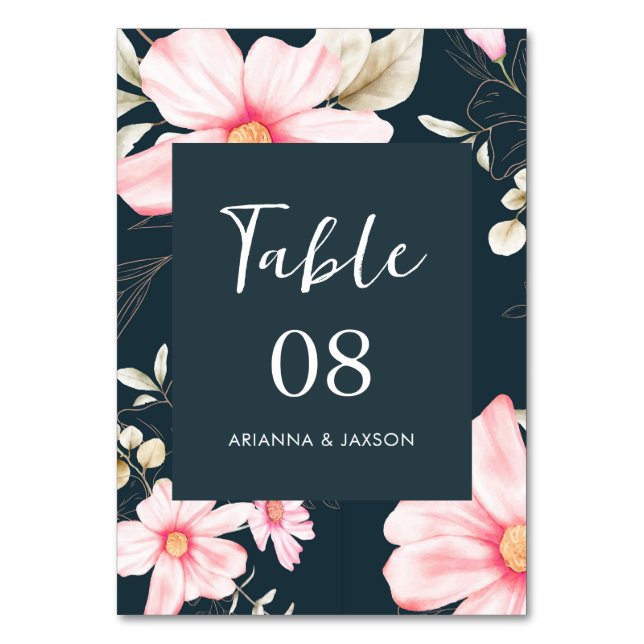 Pretty Blush Blue Floral Wedding Table Number (Front)