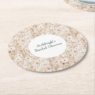 Pretty Blush Brown Floral Bridal Shower Round Paper Coaster