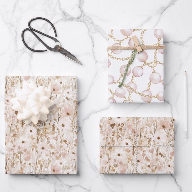 Pretty Blush Brown Floral Bridal Shower Wrapping Paper Sheet (Front)