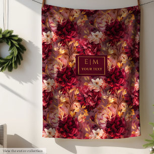 Pretty Blush Burgundy Gold Watercolor Floral  Fleece Blanket