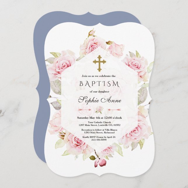 Pretty Blush Floral Geometric Dusty Blue Baptism Invitation (Front/Back)