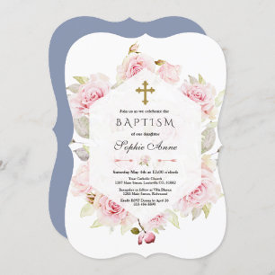 Pretty Blush Floral Geometric Dusty Blue Baptism Invitation