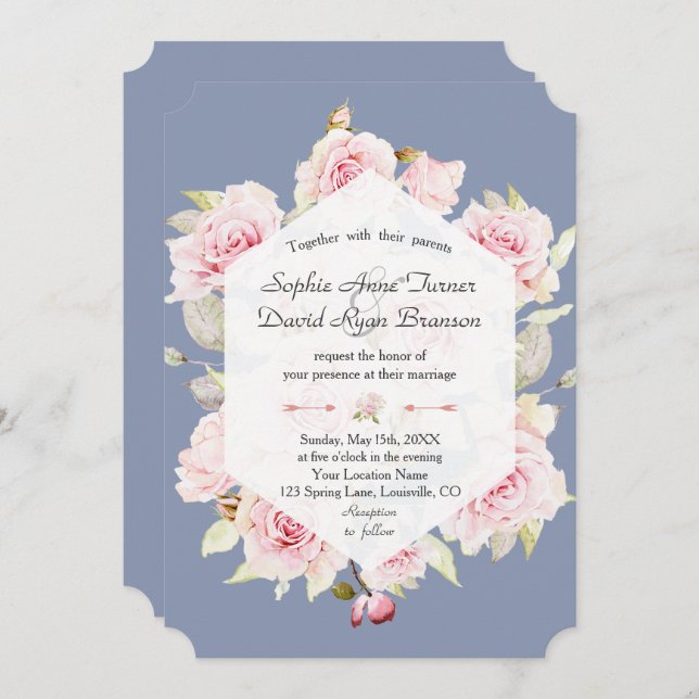 Pretty Blush Floral Geometric Dusty Blue Wedding Invitation (Front/Back)