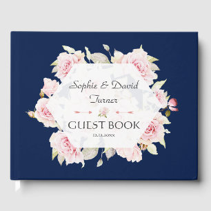 Pretty Blush Floral Geometric Navy Blue Wedding Guest Book