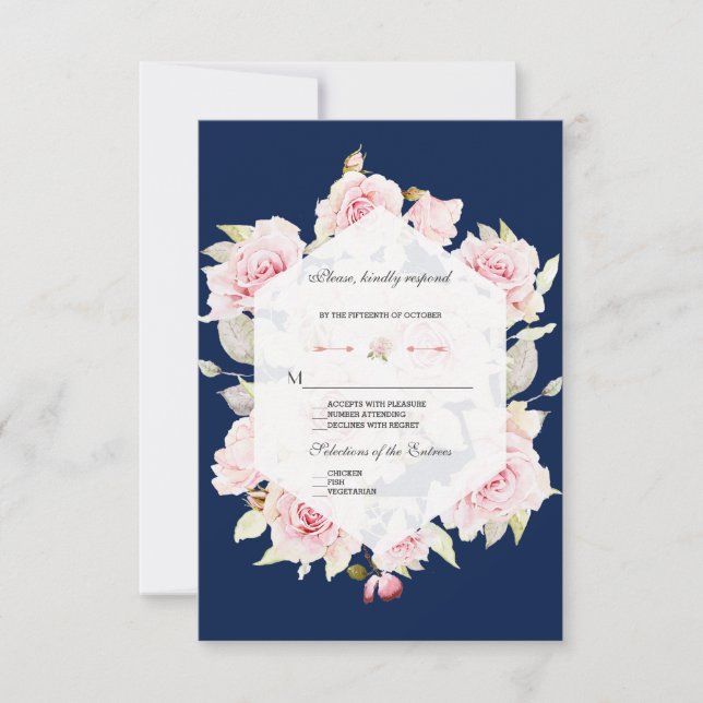 Pretty Blush Floral Geometric Navy Blue Wedding RSVP Card (Front)