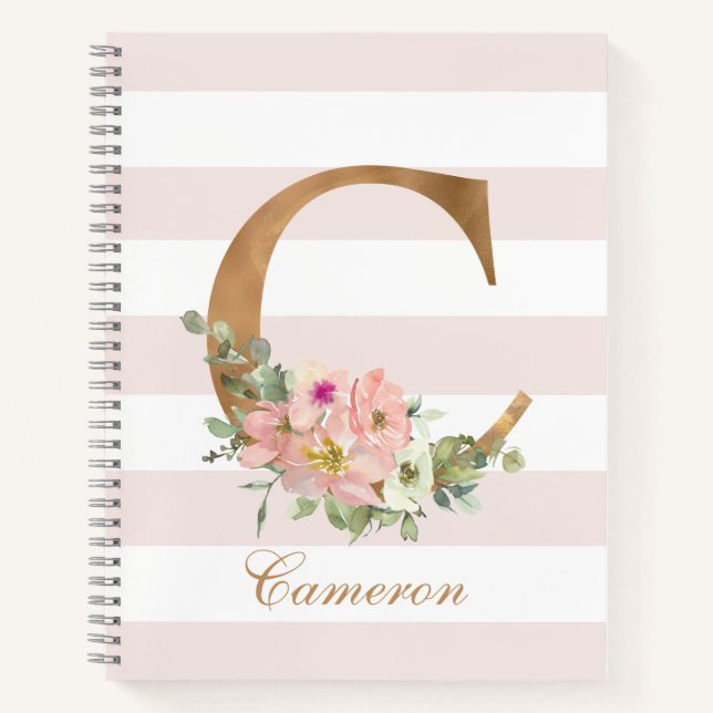 Pretty Blush Floral Gold Foil Letter C Monogram Notebook (Front)