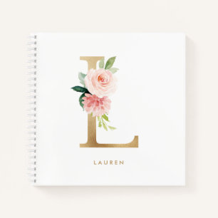 Pretty Blush Floral Gold Foil Letter L Monogram Notebook