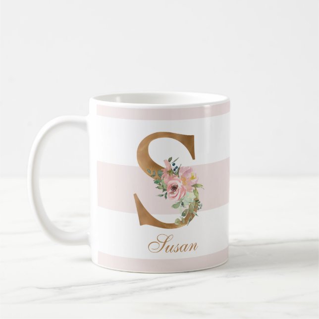 Pretty Blush Floral Gold Foil Letter S Monogram Coffee Mug (Left)