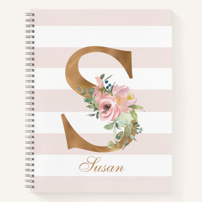 Pretty Blush Floral Gold Foil Letter S Monogram Notebook (Front)