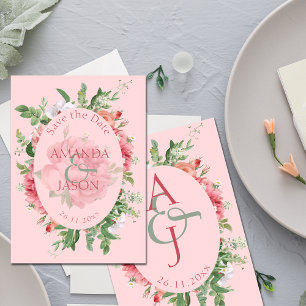 Pretty Blush Floral Monogram Wedding Save The Date