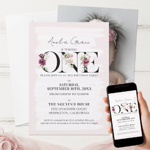Pretty Blush Floral ONE Baby Girl's First Birthday Invitation