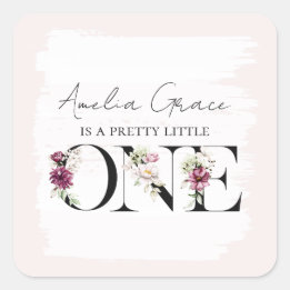 Pretty Blush Floral ONE Baby Girl's First Birthday Square Sticker