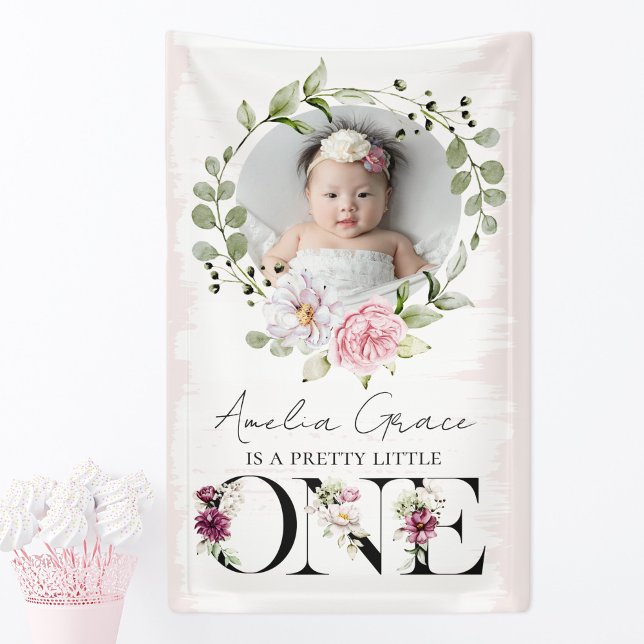 Pretty Blush Floral ONE First Birthday Baby Photo Banner (Creator Uploaded)