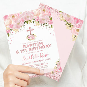 Pretty Blush Floral Rose Gold Baptism 1st Birthday Invitation