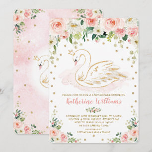 Pretty Blush Floral Swan Princess Girl Baby Shower Invitation