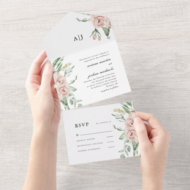 Pretty Blush Floral Wedding All In One Invitation (Tearaway)